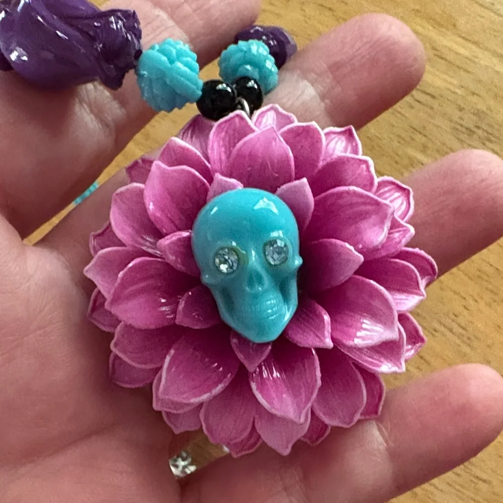Tarina Tarantino Purple and Blue Floral Skull Necklace - Picture 5 of 7